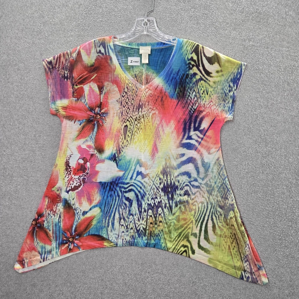 Chico's‎ Women Blouse 1 Blue Floral Geometric Tropical Studded Sharkbite Hem